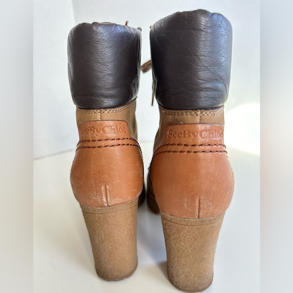 See by Chloe Eileen Tan Lace Up Block Heel Logger Style Boots Size 39 - Picture 3 of 11